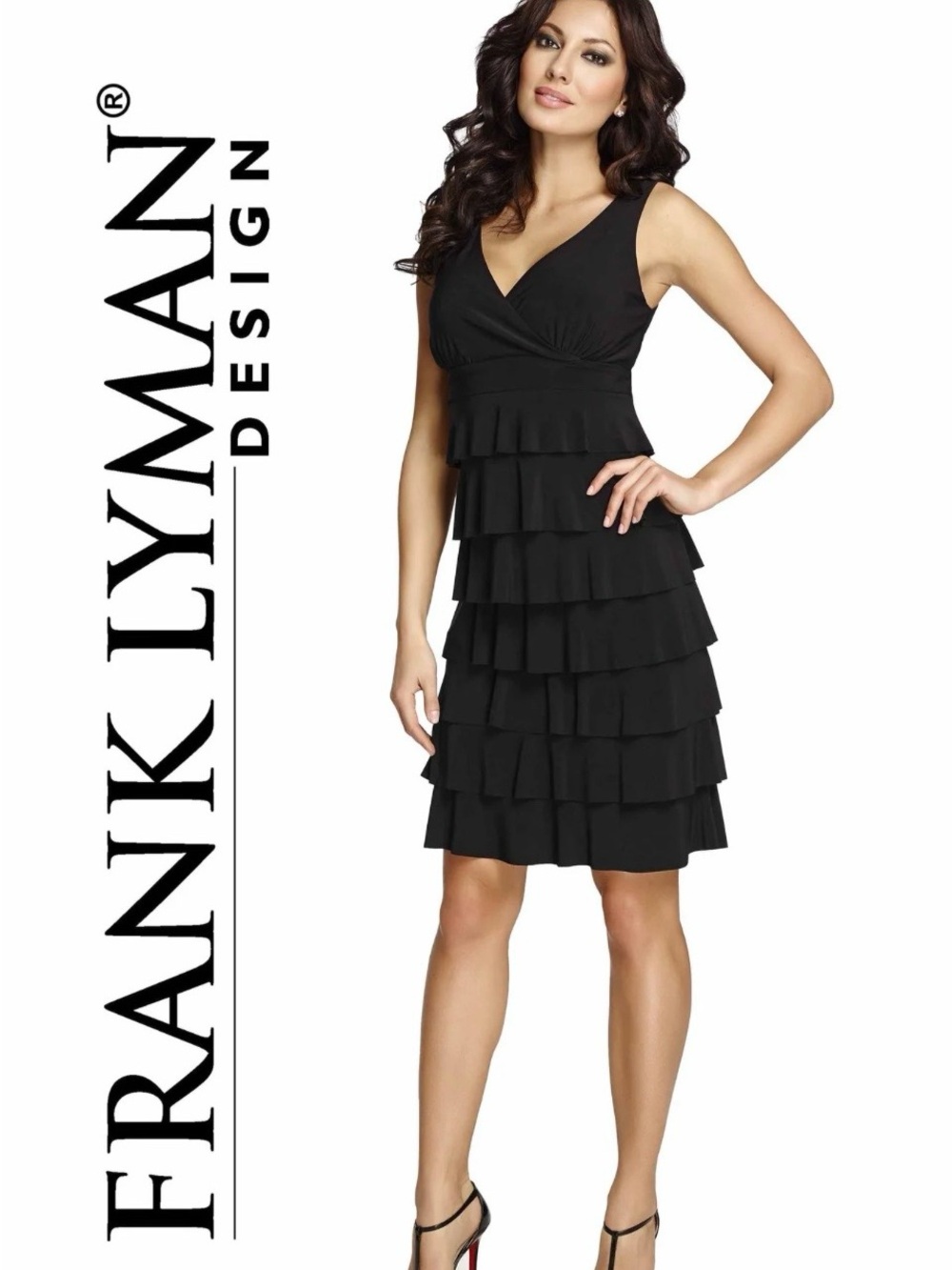 Frank Lyman Design Black V-Neck Tiered Ruffle Mini Dress